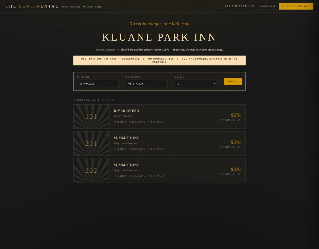 The Continental guest booking page — one page, pick dates, pick a room, pay or pay on arrival
